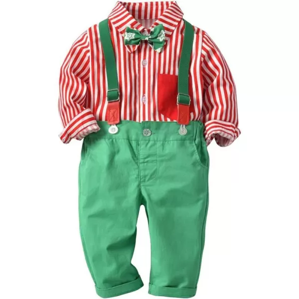 IDOPIP Toddler Kids Baby Boys 1st Christmas Outfit Gentleman Striped Shirt with Bowtie Long Suspender Pants Overalls ClothesRed Striped 01