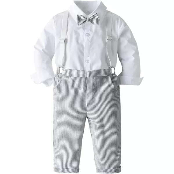 IDOPIP Toddler Kids Baby Boys 1st Christmas Outfit Gentleman Striped Shirt with Bowtie Long Suspender Pants Overalls ClothesWhite  Striped