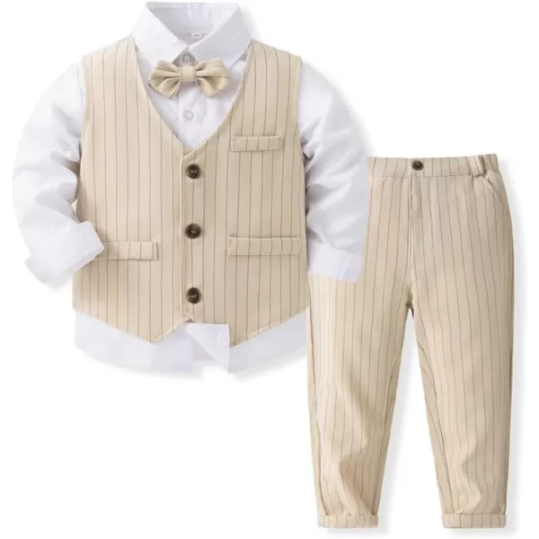 IDOPIP Toddler Kids Baby Boys Formal Suit Gentleman Outfit Long Sleeve Shirt with Bowtie  Vest  Pants Overalls Clothes 28TBeige