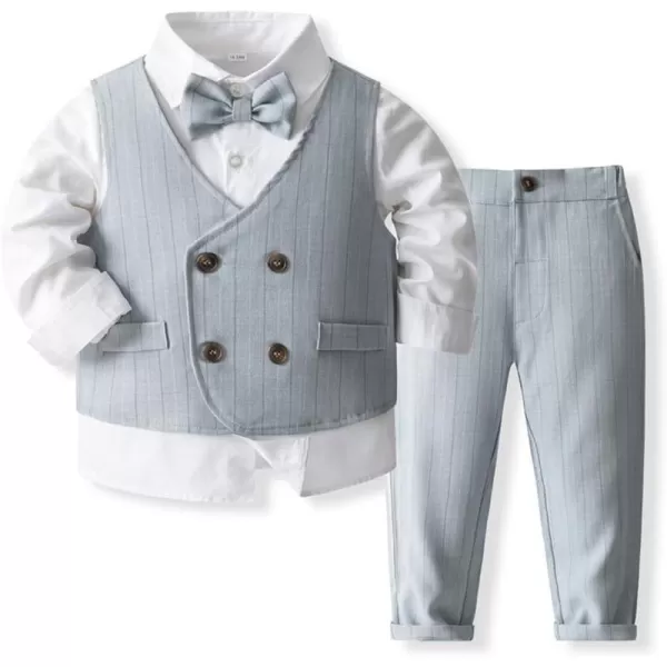 IDOPIP Toddler Kids Baby Boys Formal Suit Gentleman Outfit Long Sleeve Shirt with Bowtie  Vest  Pants Overalls Clothes 28TBlue