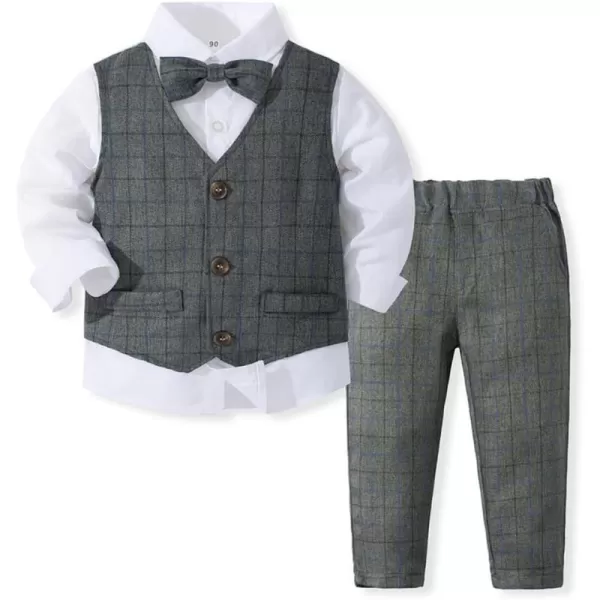 IDOPIP Toddler Kids Baby Boys Formal Suit Gentleman Outfit Long Sleeve Shirt with Bowtie  Vest  Pants Overalls Clothes 28TGray Plaid  Vest