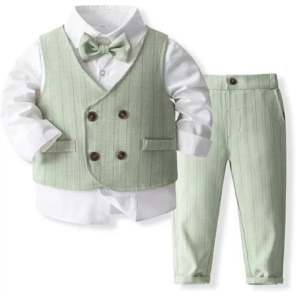 IDOPIP Toddler Kids Baby Boys Formal Suit Gentleman Outfit Long Sleeve Shirt with Bowtie  Vest  Pants Overalls Clothes 28TLight Green