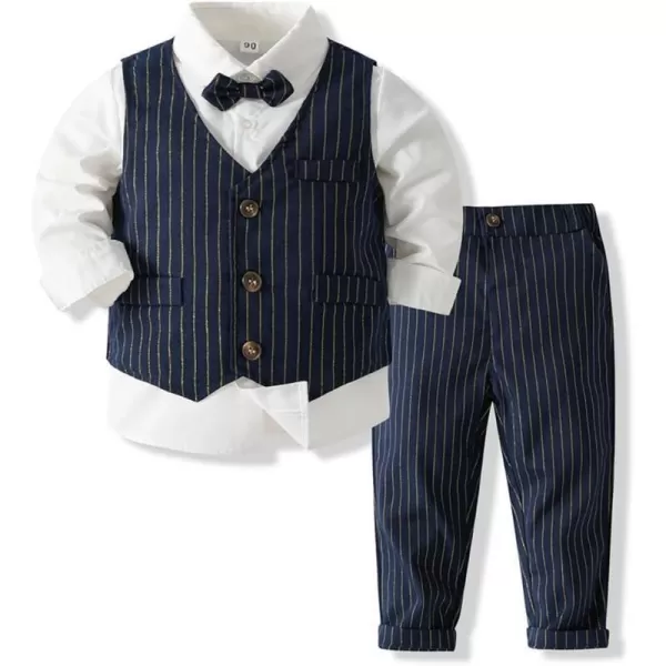 IDOPIP Toddler Kids Baby Boys Formal Suit Gentleman Outfit Long Sleeve Shirt with Bowtie  Vest  Pants Overalls Clothes 28TNavy Blue Striped  Vest