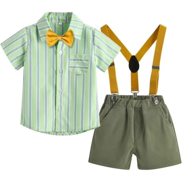 IDOPIP Toddler Kids Baby Boys Formal Suit Gentleman White Shirt with Bowtie  Suspender Shorts Pants Overalls Clothes 18TArmy Green  Green Striped