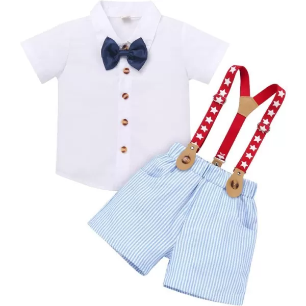 IDOPIP Toddler Kids Baby Boys Formal Suit Gentleman White Shirt with Bowtie  Suspender Shorts Pants Overalls Clothes 18TBlue Striped Stars