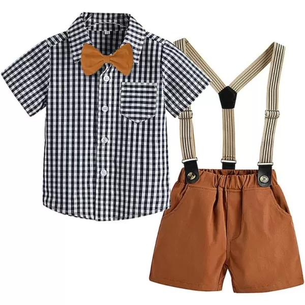 IDOPIP Toddler Kids Baby Boys Formal Suit Gentleman White Shirt with Bowtie  Suspender Shorts Pants Overalls Clothes 18TBrown  Plaid