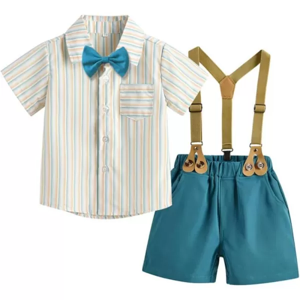 IDOPIP Toddler Kids Baby Boys Formal Suit Gentleman White Shirt with Bowtie  Suspender Shorts Pants Overalls Clothes 18TDark Blue Striped