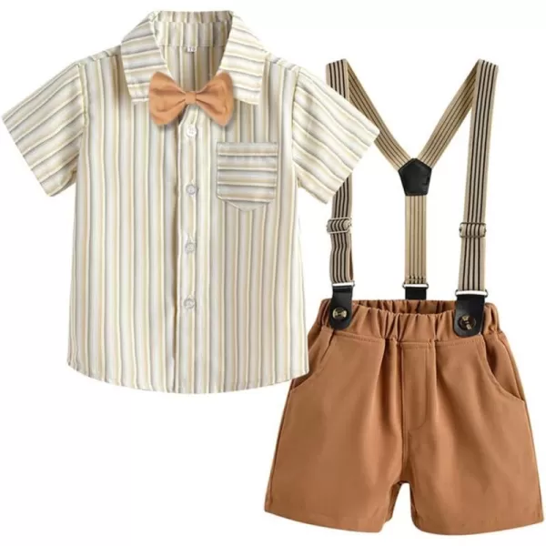 IDOPIP Toddler Kids Baby Boys Formal Suit Gentleman White Shirt with Bowtie  Suspender Shorts Pants Overalls Clothes 18TDark Khaki Striped