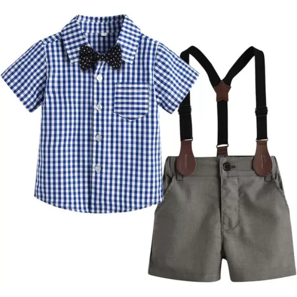 IDOPIP Toddler Kids Baby Boys Formal Suit Gentleman White Shirt with Bowtie  Suspender Shorts Pants Overalls Clothes 18TGray  Blue Plaid