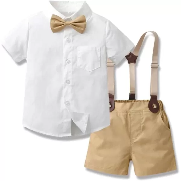 IDOPIP Toddler Kids Baby Boys Formal Suit Gentleman White Shirt with Bowtie  Suspender Shorts Pants Overalls Clothes 18TKhaki