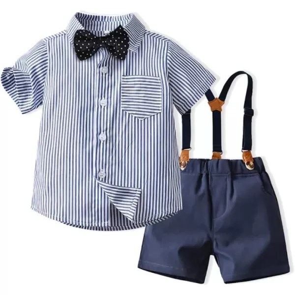 IDOPIP Toddler Kids Baby Boys Formal Suit Gentleman White Shirt with Bowtie  Suspender Shorts Pants Overalls Clothes 18TNavy Blue Striped