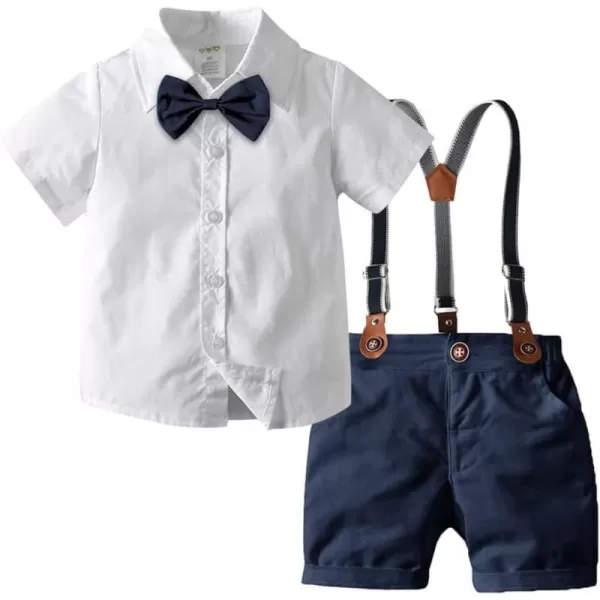 IDOPIP Toddler Kids Baby Boys Formal Suit Gentleman White Shirt with Bowtie  Suspender Shorts Pants Overalls Clothes 18TWhite  Navy Blue  Shorts