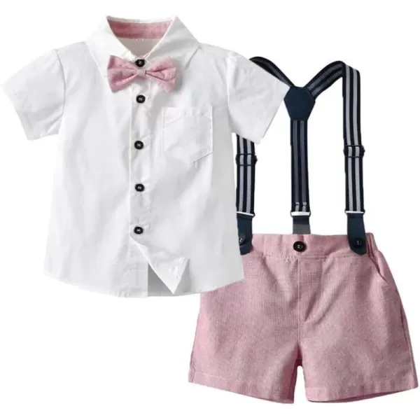 IDOPIP Toddler Kids Baby Boys Formal Suit Gentleman White Shirt with Bowtie  Suspender Shorts Pants Overalls Clothes 18TWhite  Pink  Shorts