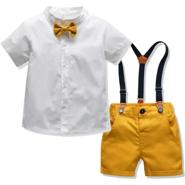 IDOPIP Toddler Kids Baby Boys Formal Suit Gentleman White Shirt with Bowtie  Suspender Shorts Pants Overalls Clothes 18TWhite  Yellow  Shorts