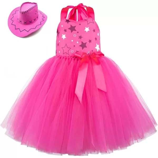 IDOPIP Toddler Kids Girls Halloween Birthday Party Dress up Costume Pink Gingham Dress with HeadbandHat Cowgirl CosplayHot Pink  Halter