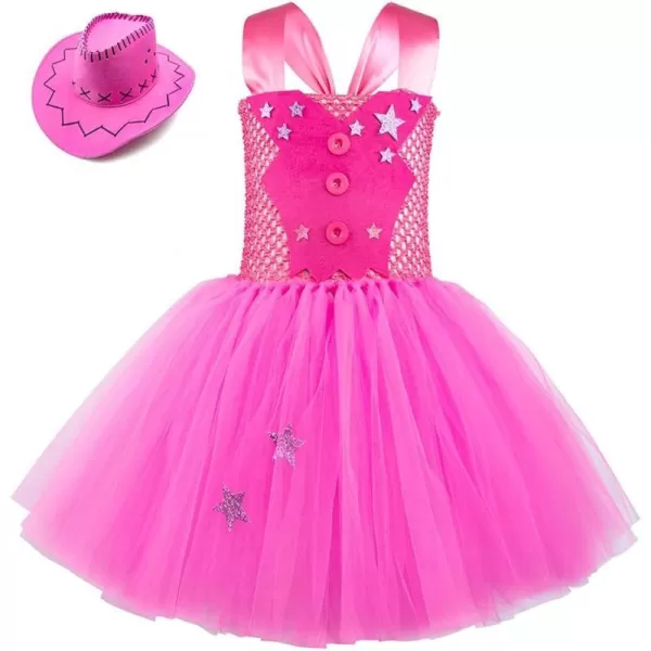 IDOPIP Toddler Kids Girls Halloween Birthday Party Dress up Costume Pink Gingham Dress with HeadbandHat Cowgirl CosplayHot Pink  Hollow