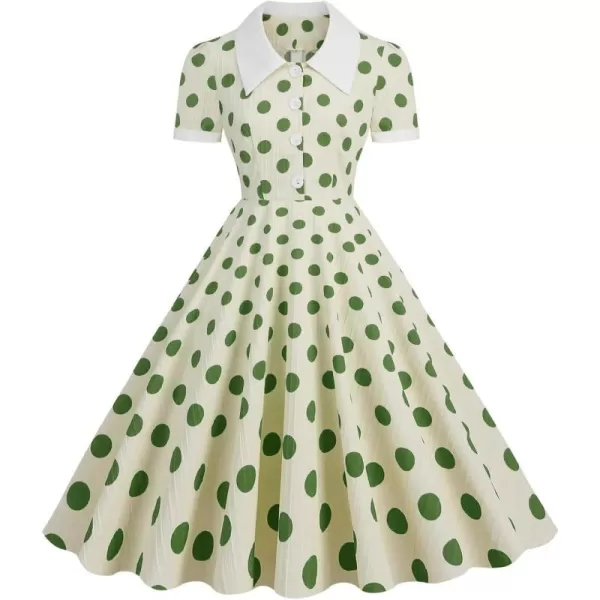 IDOPIP Vintage 1950s Dress for Womens Retro Polka Dot Print Cocktail Party Swing Dress Formal Wedding Guest Midi Aline GownGreen