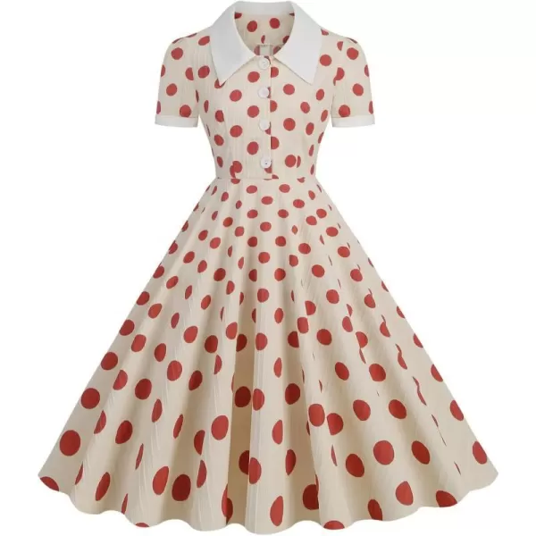 IDOPIP Vintage 1950s Dress for Womens Retro Polka Dot Print Cocktail Party Swing Dress Formal Wedding Guest Midi Aline GownRed