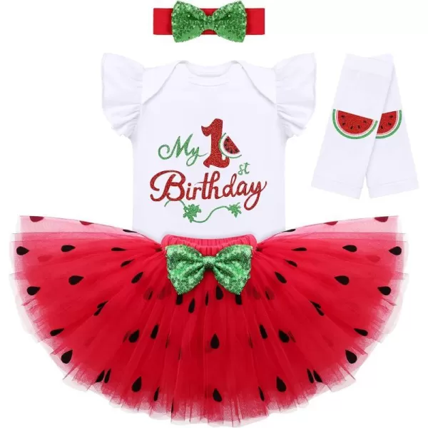 IDOPIP Watermelon 1st 2nd 3rd Birthday Outfit for Baby Girl Romper Tutu Skirt Headband Sock Clothes for Smash Cake Photo PropRed 1st Birthday