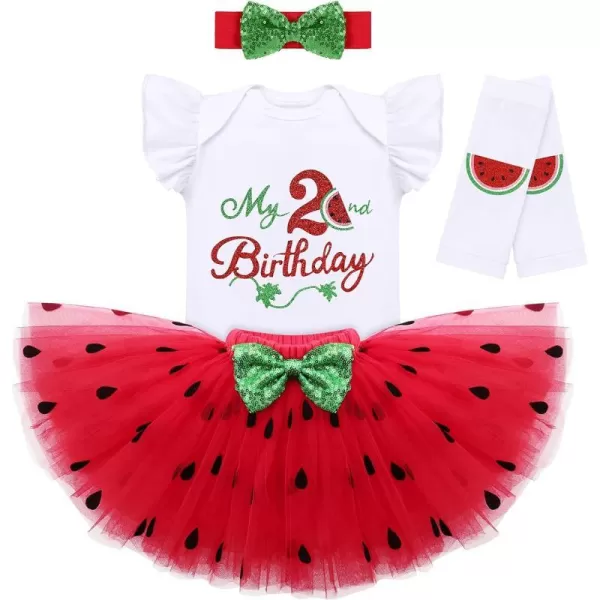 IDOPIP Watermelon 1st 2nd 3rd Birthday Outfit for Baby Girl Romper Tutu Skirt Headband Sock Clothes for Smash Cake Photo PropRed 2nd Birthday