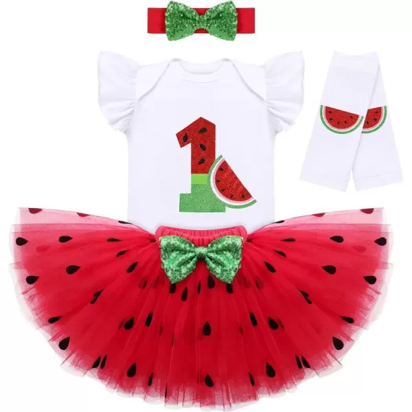 IDOPIP Watermelon 1st 2nd 3rd Birthday Outfit for Baby Girl Romper Tutu Skirt Headband Sock Clothes for Smash Cake Photo PropRed No1