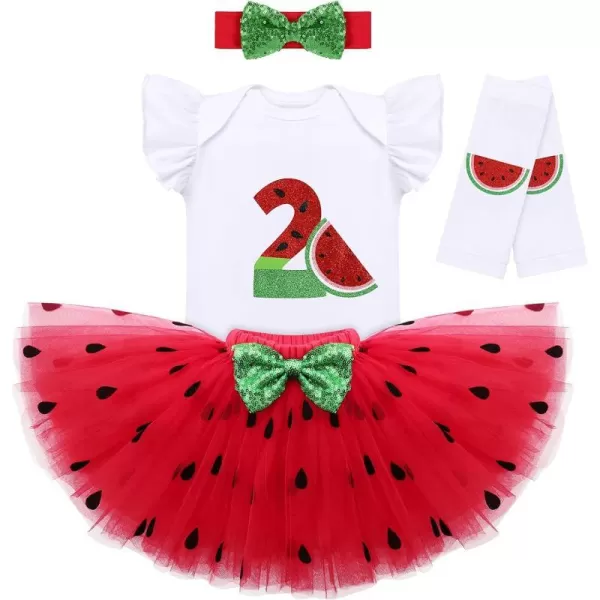 IDOPIP Watermelon 1st 2nd 3rd Birthday Outfit for Baby Girl Romper Tutu Skirt Headband Sock Clothes for Smash Cake Photo PropRed No2