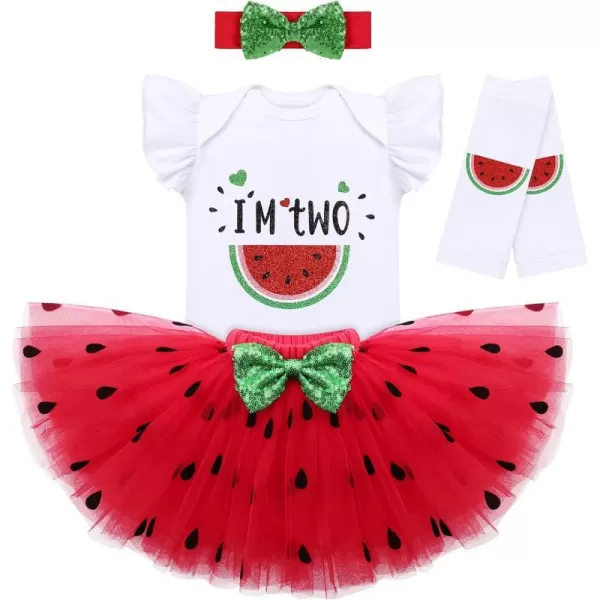 IDOPIP Watermelon 1st 2nd 3rd Birthday Outfit for Baby Girl Romper Tutu Skirt Headband Sock Clothes for Smash Cake Photo PropRed Two