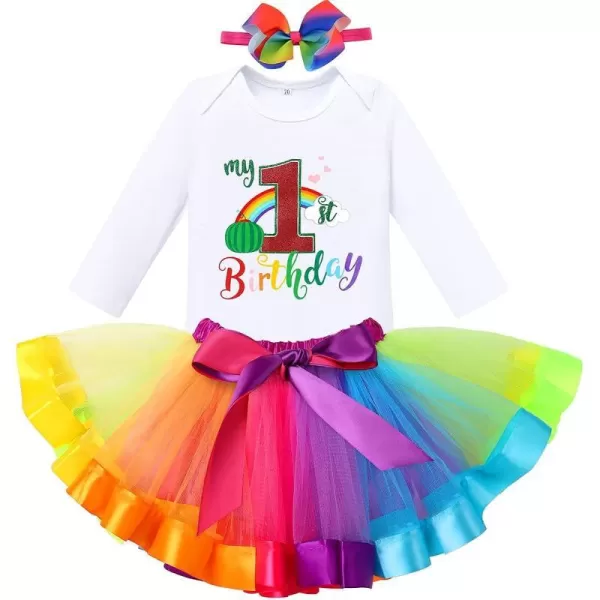 IDOPIP Watermelon 1st Birthday Outfit for Baby Girls Romper Rainbow Tutu Skirt Headband Summer Clothes Cake Smash Photo ShootRainbow 1st Birthday  Long Sleeve