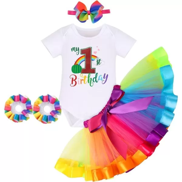 IDOPIP Watermelon 1st Birthday Outfit for Baby Girls Romper Rainbow Tutu Skirt Headband Summer Clothes Cake Smash Photo ShootRainbow 1st Birthday 4pcs