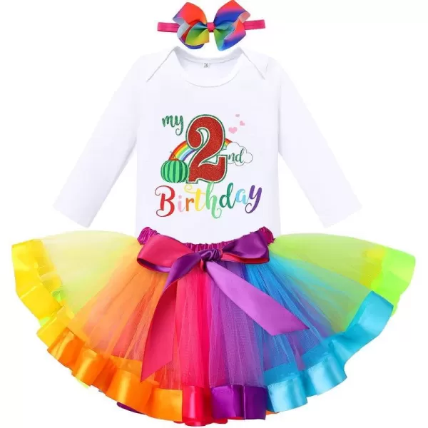 IDOPIP Watermelon 1st Birthday Outfit for Baby Girls Romper Rainbow Tutu Skirt Headband Summer Clothes Cake Smash Photo ShootRainbow 2nd Birthday  Long Sleeve