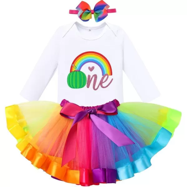 IDOPIP Watermelon 1st Birthday Outfit for Baby Girls Romper Rainbow Tutu Skirt Headband Summer Clothes Cake Smash Photo ShootRainbow One  Long Sleeve