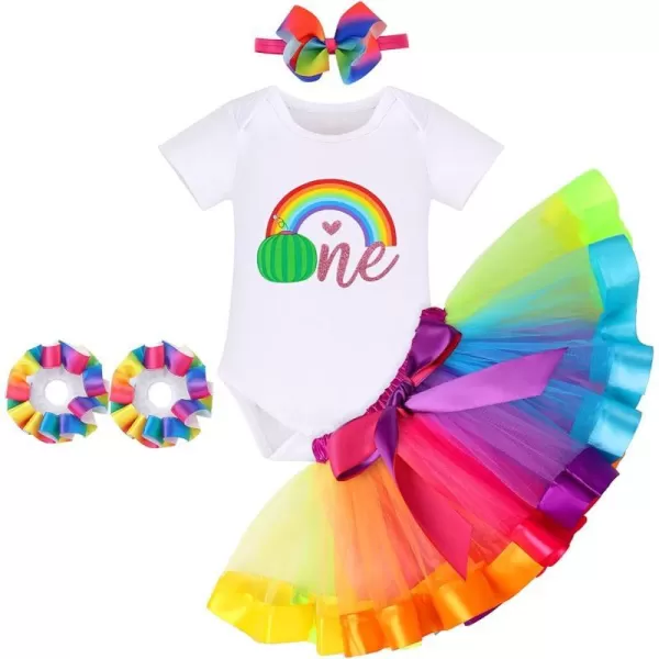 IDOPIP Watermelon 1st Birthday Outfit for Baby Girls Romper Rainbow Tutu Skirt Headband Summer Clothes Cake Smash Photo ShootRainbow One 4pcs