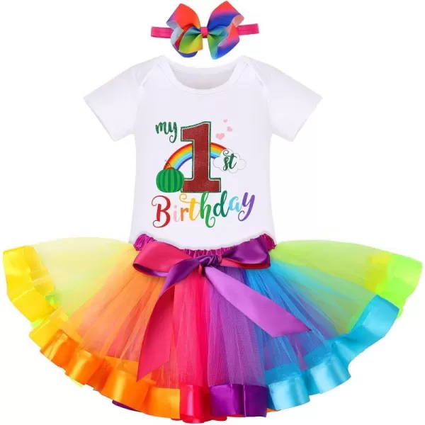 IDOPIP Watermelon 1st Birthday Outfit for Baby Girls Romper Rainbow Tutu Skirt Headband Summer Clothes Cake Smash Photo ShootWhite 1st Birthday