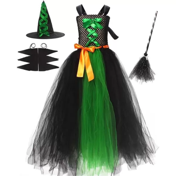 IDOPIP Witch Costume for Girls Kids Halloween Princess Tutu Dress up with Witch Hat Broom Cape Outfit Cosplay for Photo ShootGreen  Sleeves