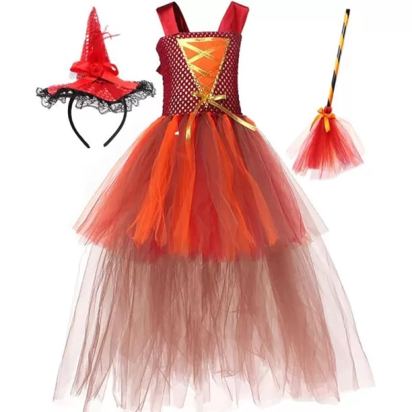 IDOPIP Witch Costume for Girls Kids Halloween Princess Tutu Dress up with Witch Hat Broom Cape Outfit Cosplay for Photo ShootOrange  Hat 3pcs