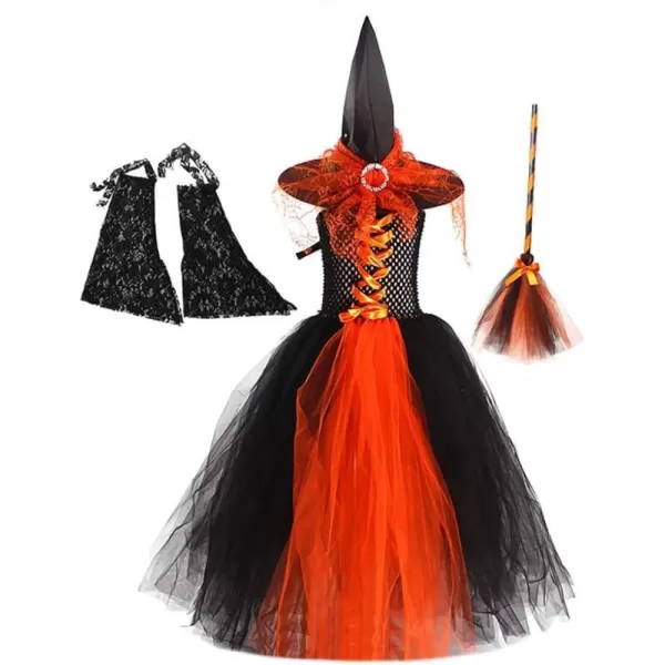 IDOPIP Witch Costume for Girls Kids Halloween Princess Tutu Dress up with Witch Hat Broom Cape Outfit Cosplay for Photo ShootOrange  Sleeves