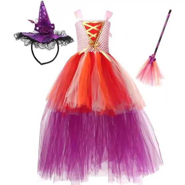 IDOPIP Witch Costume for Girls Kids Halloween Princess Tutu Dress up with Witch Hat Broom Cape Outfit Cosplay for Photo ShootPink  Hat 3pcs