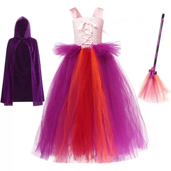 IDOPIP Witch Costume for Girls Kids Halloween Princess Tutu Dress up with Witch Hat Broom Cape Outfit Cosplay for Photo ShootPurple  Cloak 3pcs