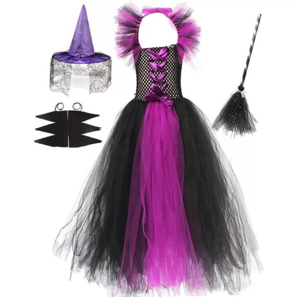 IDOPIP Witch Costume for Girls Kids Halloween Princess Tutu Dress up with Witch Hat Broom Cape Outfit Cosplay for Photo ShootPurple  Sleeves