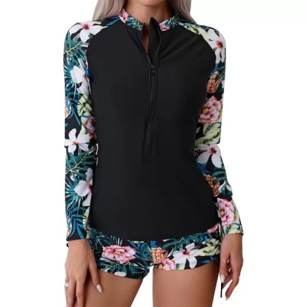 IDOPIP Women 2 Piece Rash Guard Long Sleeve Swimsuits UPF 50 Swim Shirt with Shorts Set Zipper Sun Protection Bathing SuitsBlack  Pineapple