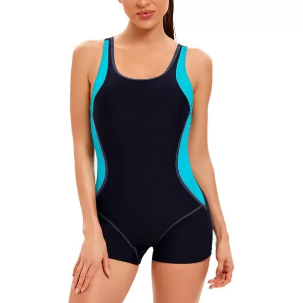 IDOPIP Women One Piece Swimsuit Racerback Athletic Bathing Suit Tummy Control Boyleg Rash Guard Block Surfing Sport SwimwearBlack  Blue