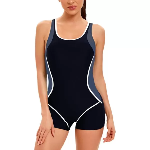 IDOPIP Women One Piece Swimsuit Racerback Athletic Bathing Suit Tummy Control Boyleg Rash Guard Block Surfing Sport SwimwearBlack  White