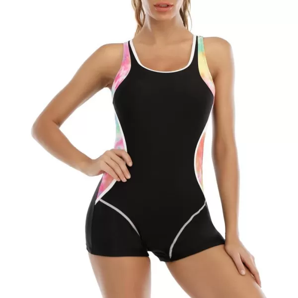 IDOPIP Women One Piece Swimsuit Racerback Athletic Bathing Suit Tummy Control Boyleg Rash Guard Block Surfing Sport SwimwearBlack