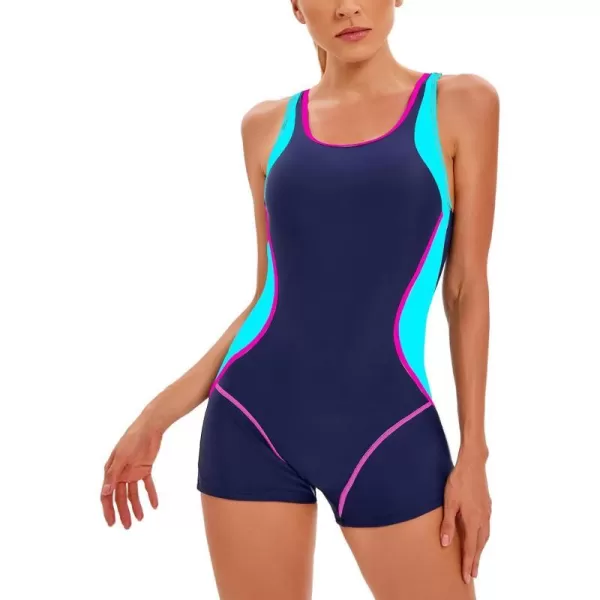 IDOPIP Women One Piece Swimsuit Racerback Athletic Bathing Suit Tummy Control Boyleg Rash Guard Block Surfing Sport SwimwearNavy Blue  Pink