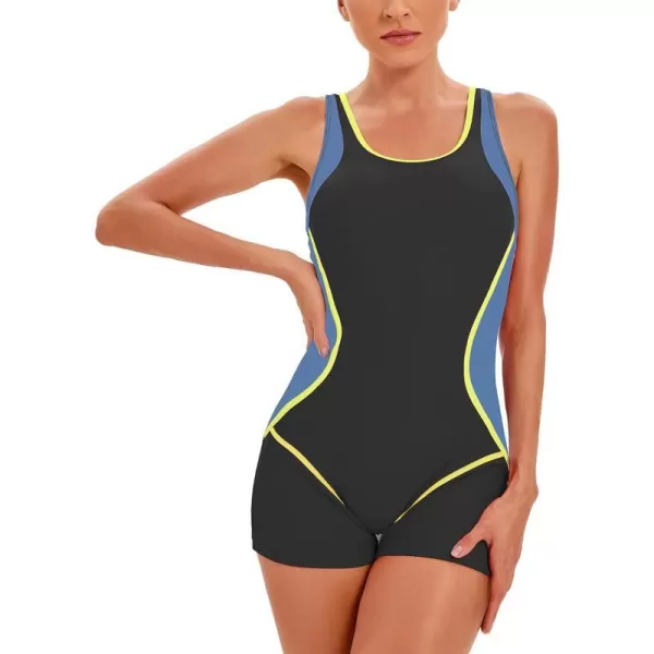 IDOPIP Women One Piece Swimsuit Racerback Athletic Bathing Suit Tummy Control Boyleg Rash Guard Block Surfing Sport SwimwearYellow  Blue