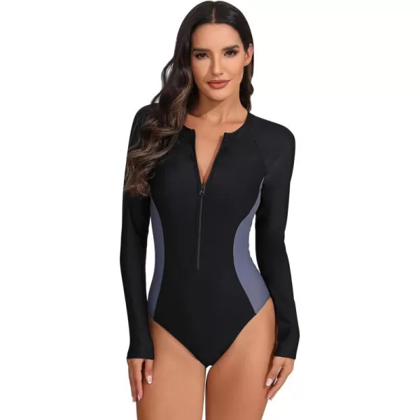 IDOPIP Women Rash Guard UPF 50 Long Sleeve One Piece Swimsuit Zipper Surfing Bathing Suit Color Block Monokini SwimwearBlack  Gray