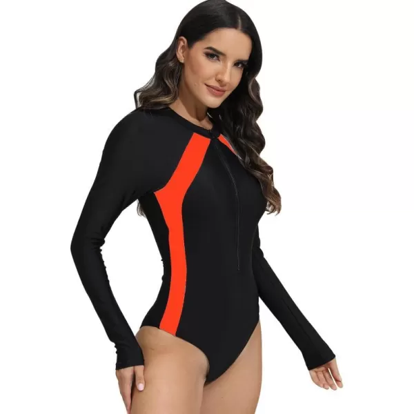 IDOPIP Women Rash Guard UPF 50 Long Sleeve One Piece Swimsuit Zipper Surfing Bathing Suit Color Block Monokini SwimwearBlack  Orange