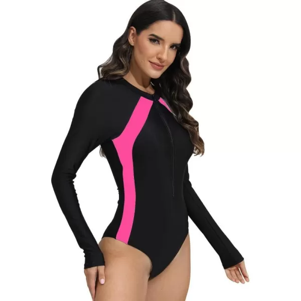 IDOPIP Women Rash Guard UPF 50 Long Sleeve One Piece Swimsuit Zipper Surfing Bathing Suit Color Block Monokini SwimwearBlack  Pink