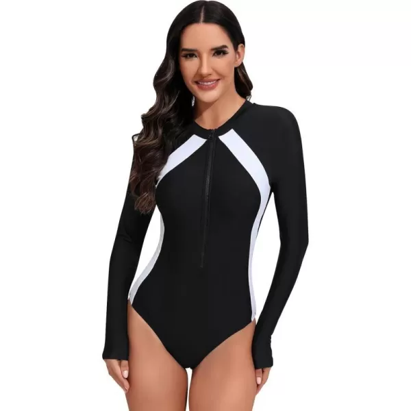 IDOPIP Women Rash Guard UPF 50 Long Sleeve One Piece Swimsuit Zipper Surfing Bathing Suit Color Block Monokini SwimwearBlack  White