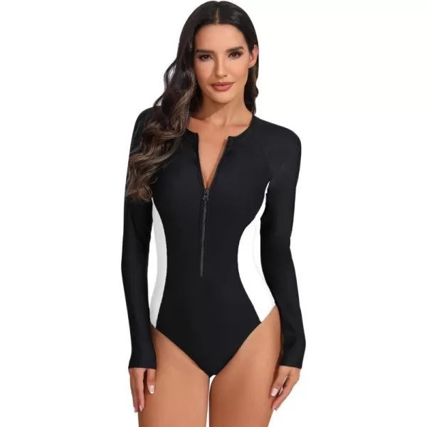 IDOPIP Women Rash Guard UPF 50 Long Sleeve One Piece Swimsuit Zipper Surfing Bathing Suit Color Block Monokini SwimwearBlack  White Side